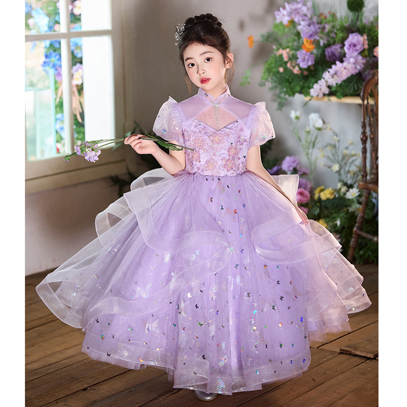 女童礼服轻奢小众紫色梦幻花童婚纱走秀演出服儿童蓬蓬裙