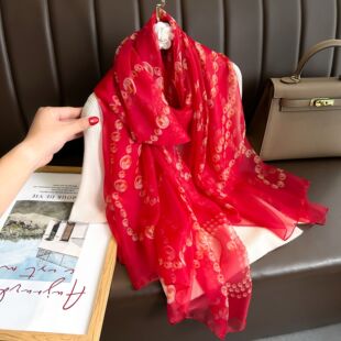 夏季 优柔纱丝巾大尺寸印花沙滩巾红色旅游度假防晒围巾scarf 新款