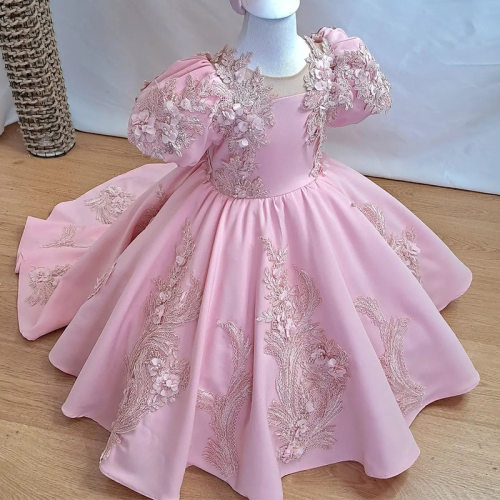 粉色泡泡袖公主裙缎面花朵一周岁礼服欧美蓬蓬裙Children's dress