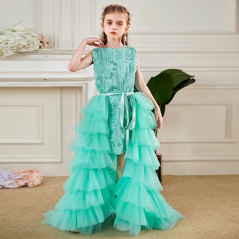 儿童礼服小拖尾2025新款夏季女童改良旗袍时尚模特T台走秀演出服