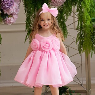 婴幼儿生日公主裙女宝宝一周岁宴会礼服女童裙子粉红色吊带连衣裙