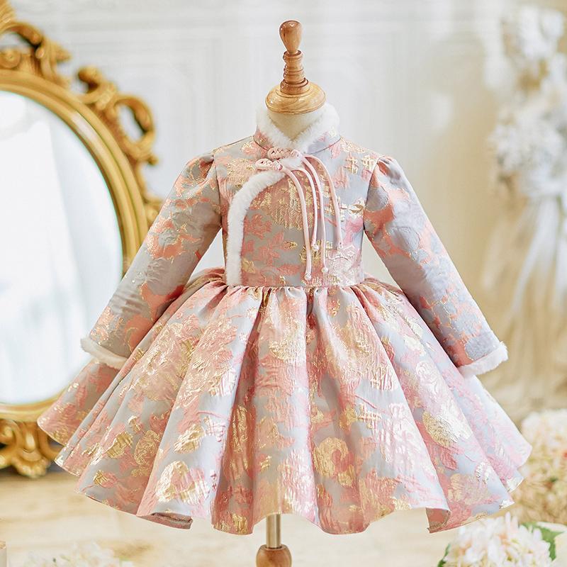 周岁女宝宝抓周礼服旗袍裙子秋季加绒加厚儿童生日公主裙钢琴表演