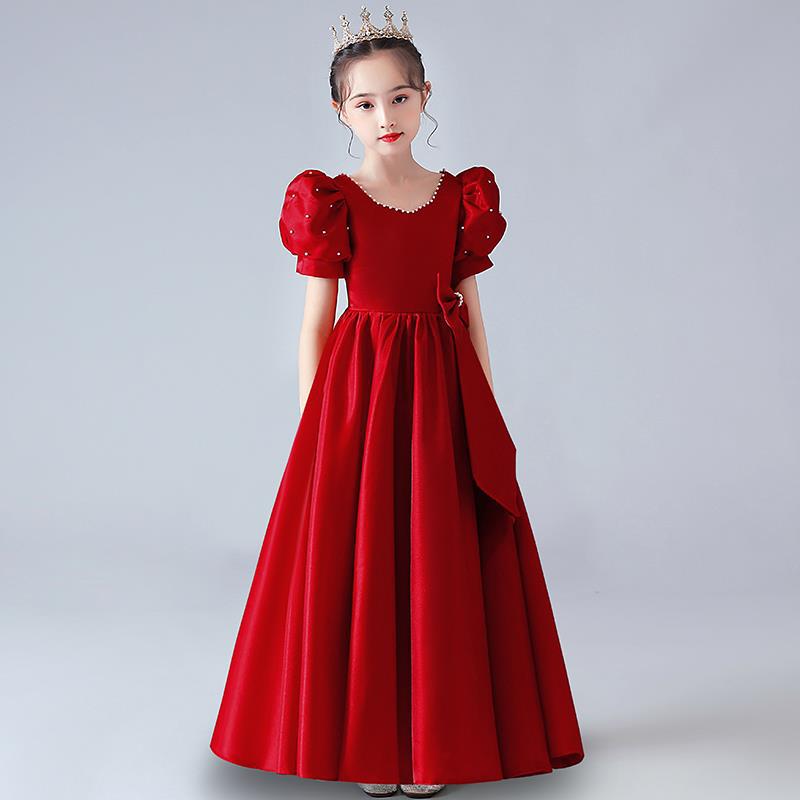 儿童礼服女童红色公主裙钢琴演奏表演小女孩主持人礼服裙2025新款