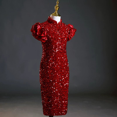 酒红色儿童礼服女童新中式亮片模特走秀鱼尾裙主持人钢琴演出服装