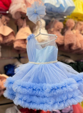 Princess Dress新款女童单肩周岁晚礼服蓝色蓬蓬网纱裙花边公主裙