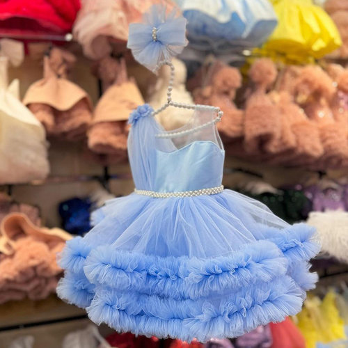 Princess Dress新款女童单肩周岁晚礼服蓝色蓬蓬网纱裙花边公主裙