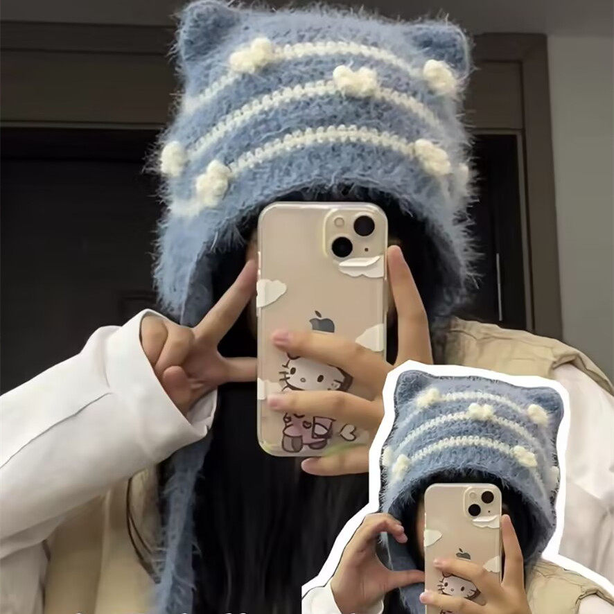 手工编织护耳帽可爱猫耳帽拼色蝴蝶结点缀帽子材料送女友闺蜜