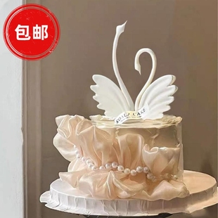 网红七夕情人节蛋糕装 饰白天鹅黑天鹅摆件情侣告白女神生日插件