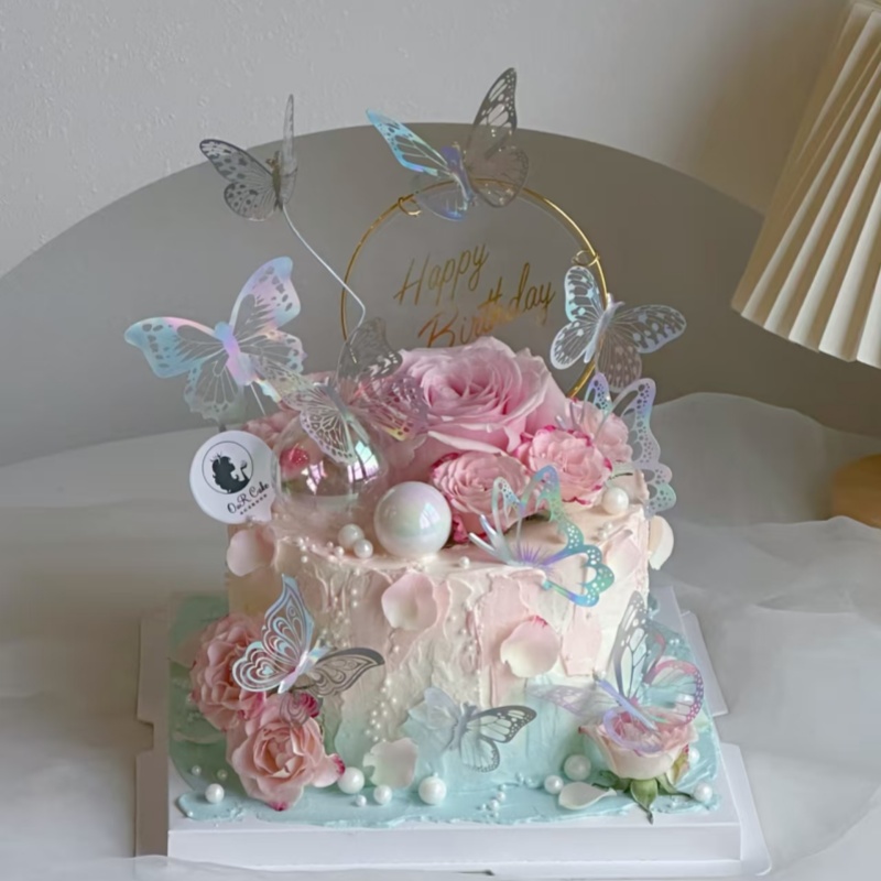 网红蝴蝶生日蛋糕装饰差价炫彩银色白色唯美蝴蝶烘焙蛋糕装饰插件