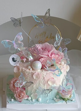 网红蝴蝶生日蛋糕装饰差价炫彩银色白色唯美蝴蝶烘焙蛋糕装饰插件