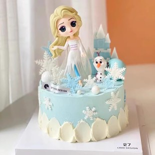 白色愛莎公主生日蛋糕裝 飾插件冰雪女王艾莎公主擺件城堡雪花插牌
