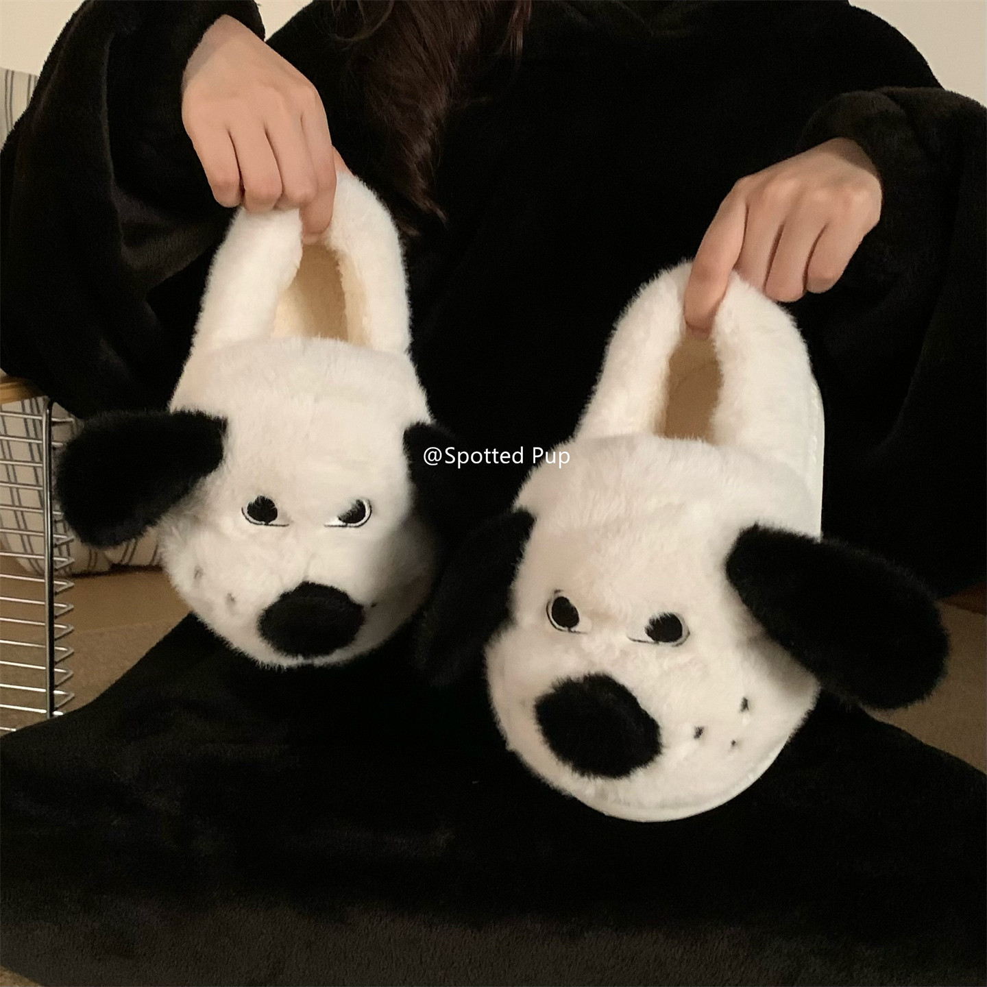 细细条情侣趣味小狗棉拖鞋ins