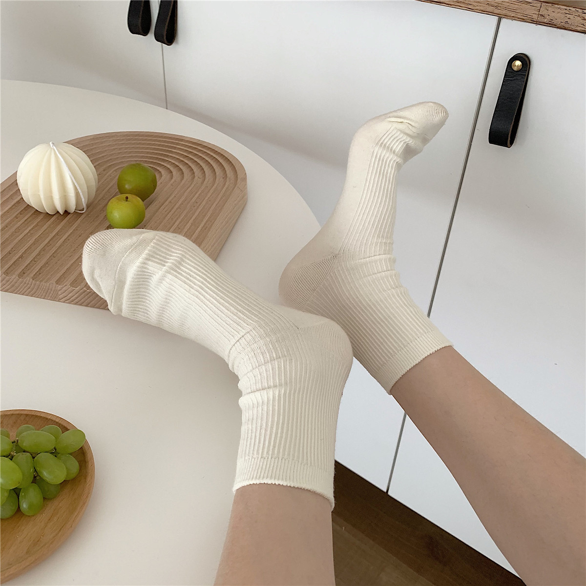 春秋季纯色简约堆堆袜学生日式百搭jk中筒棉袜时尚防臭竖纹袜子女