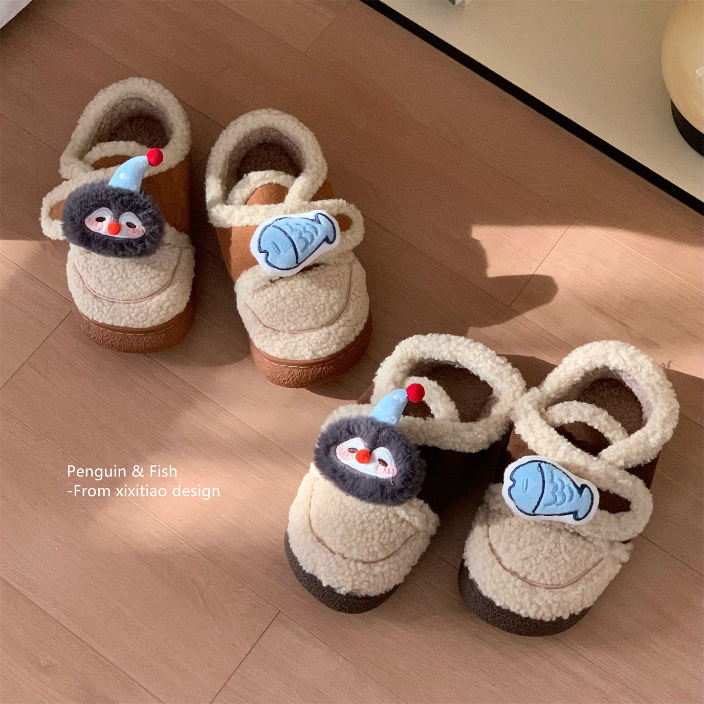 细细条可爱企鹅小鱼魔术贴棉鞋