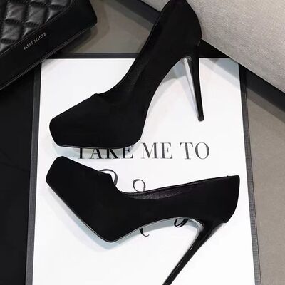 黑色百搭礼仪工作鞋12CM尖头漆皮防水台高跟鞋细跟大码裸色单鞋女