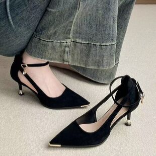 尖头细跟单鞋 新款 性感大码 通勤气质单鞋 镂空 女士一字带名媛高跟鞋