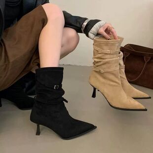 尖头褶皱堆堆靴女2025秋冬新款法式高跟瘦瘦靴复古显瘦细跟中筒靴