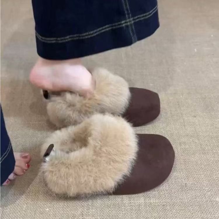 法式内增高包头拖鞋女外穿冬复古加绒保暖勃肯毛毛鞋厚底雪地棉靴