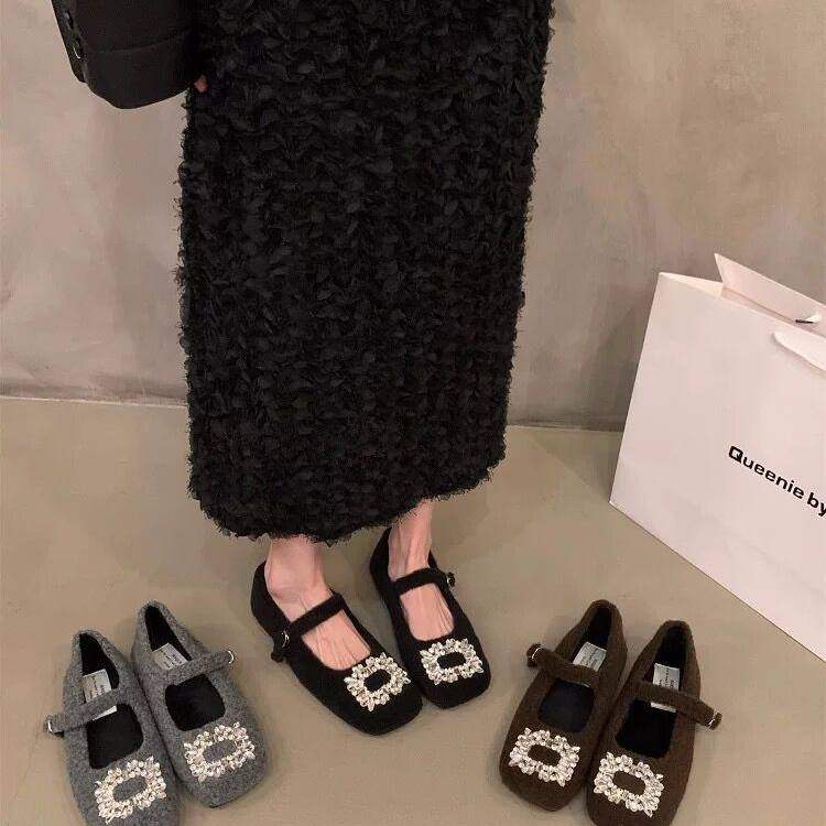 平底气质水钻玛丽珍毛毛鞋女鞋子外穿2025新款秋冬季加绒黑色单鞋,女鞋,浅口单鞋,淘宝优惠券,粉丝福利购,淘宝优惠卷