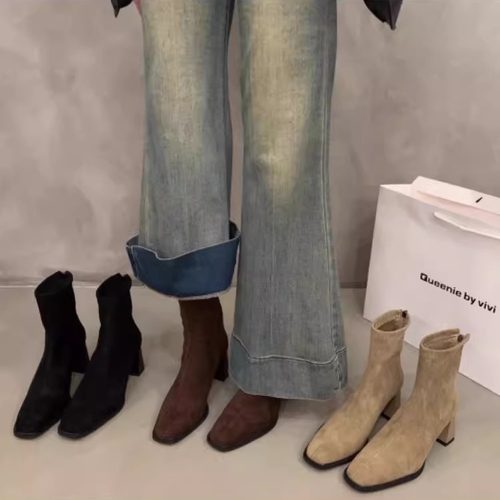 高跟韩系小踝靴绒面马丁靴女鞋2024新款秋冬季短筒方头瘦瘦短靴子