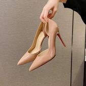 百搭裸色侧空高跟鞋 红底细跟网红设计感小众尖头浅口漆皮10cm单鞋