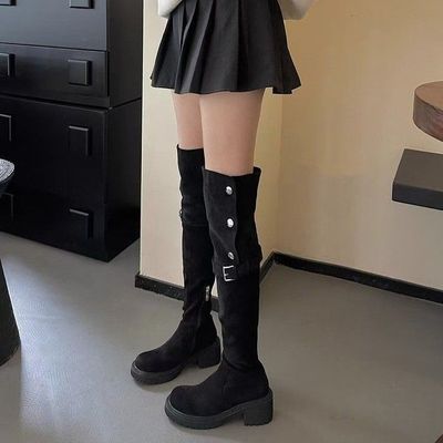 两穿翻折厚底长筒靴子女2025年秋冬季新款粗跟过膝骑士靴春秋款