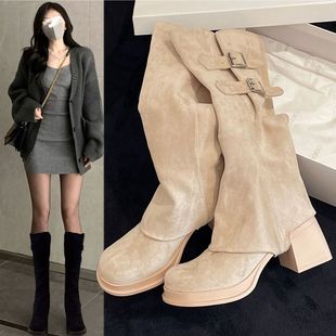 高筒可拆卸两穿短靴瘦瘦靴 爆款 裸色高跟靴子女秋冬季 长靴2025新款