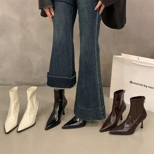 黑色尖头高跟瘦瘦靴短靴女靴子2025新款秋冬季棕色气质法式小裸靴