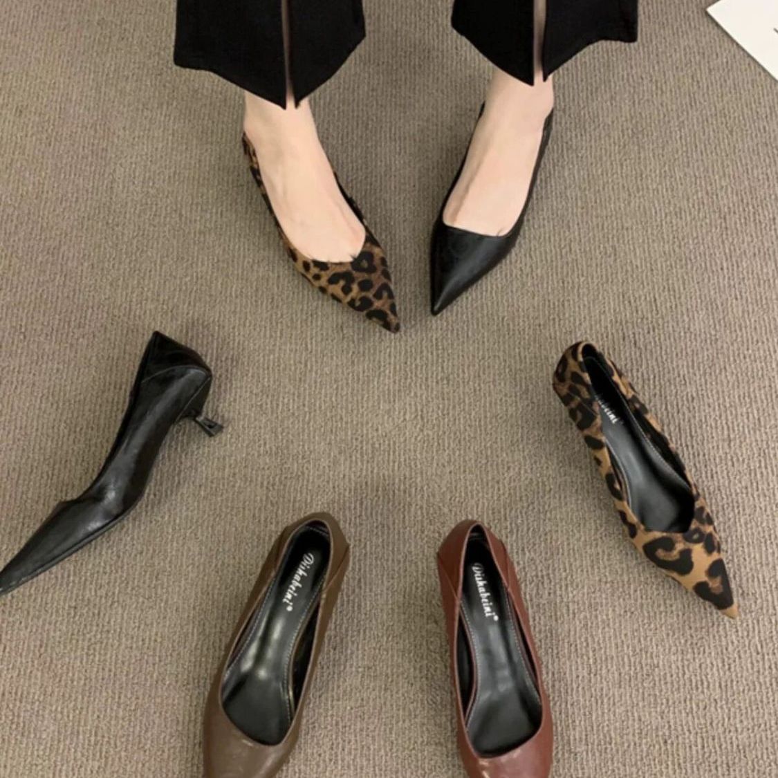 2025秋冬新款尖头浅口高跟鞋豹纹时尚百搭气质通勤低跟小猫跟单鞋