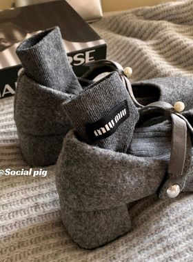 高级灰~秋冬穿搭yyds!晚晚风温柔呢子料单鞋加绒蝴蝶结玛丽珍鞋