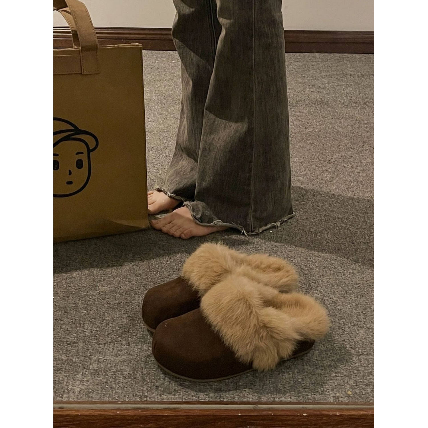 复古厚底包头毛毛拖鞋女外穿2025新款秋冬懒人一脚蹬加绒保暖棉拖