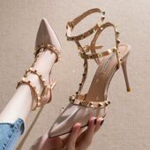 尖头百搭网红性感后空大码 铆钉裸色高跟鞋 女细跟2024春秋新款 单