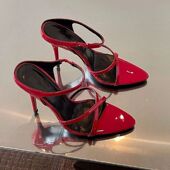 新款 尖头露趾交叉一字带高跟鞋 女鞋 2025夏季 细跟红色漆皮性感凉鞋