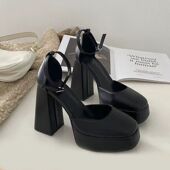 方头黑色高跟鞋 防水台玛丽珍厚底包头一字带凉鞋 女夏季 粗跟芭比鞋