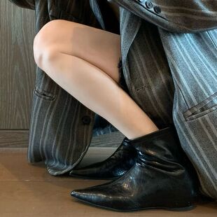 2025年新款春秋单靴弹力靴子显瘦内增高短靴女尖头平底踝靴瘦瘦靴
