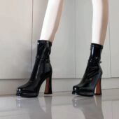 超高跟防水台短靴女时尚 高跟靴瘦瘦靴粗跟踝靴厚底单靴加绒时装 靴