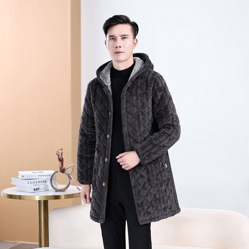 冬季加绒加厚男省服棉袄大衣罩衣宽松外套耐脏保暖中长款连帽棉服