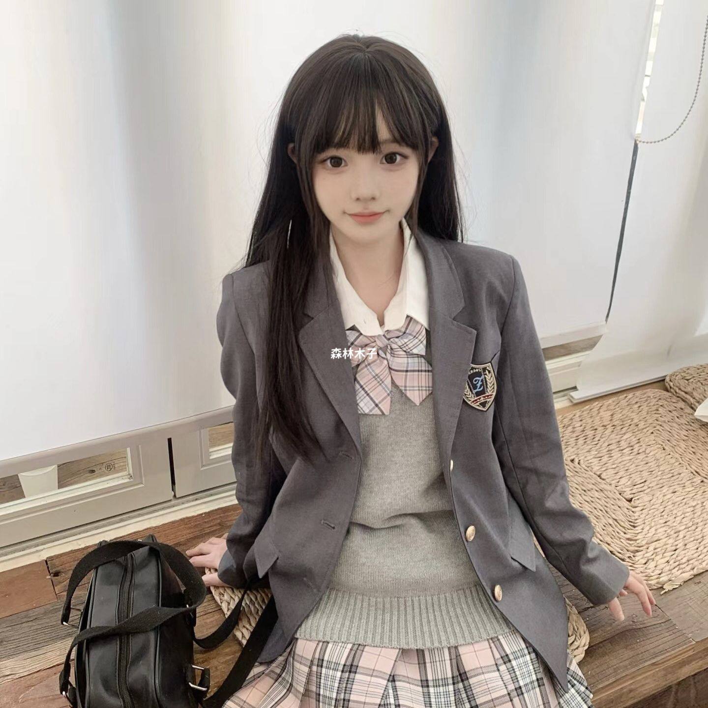 原创JK制服西装外套学院风韩版灰西校供感校服制服秋冬叠穿百搭女