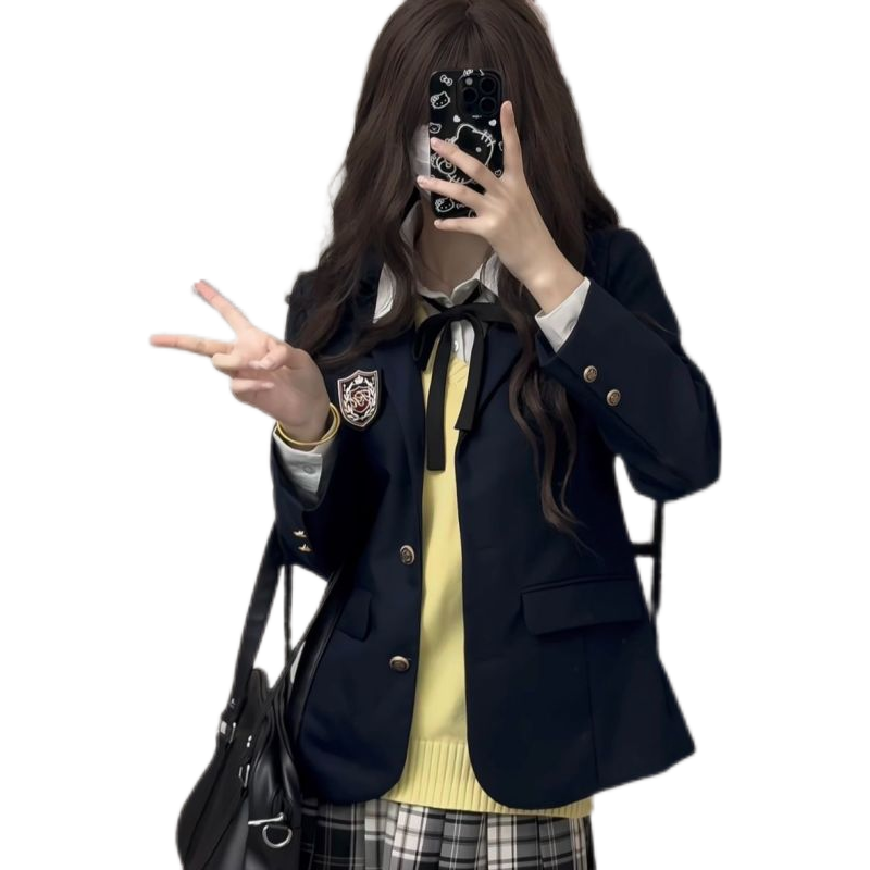 jk原创制服米粒熊女学院风三粒扣学生校供感春秋西装外套后开叉