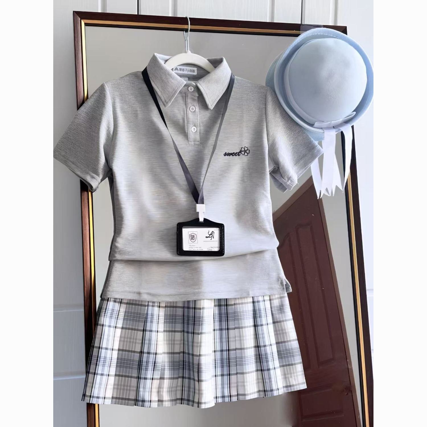 娜娜子jk制服格裙收腰POLO衫短袖套装春夏季白色原创学院风显瘦