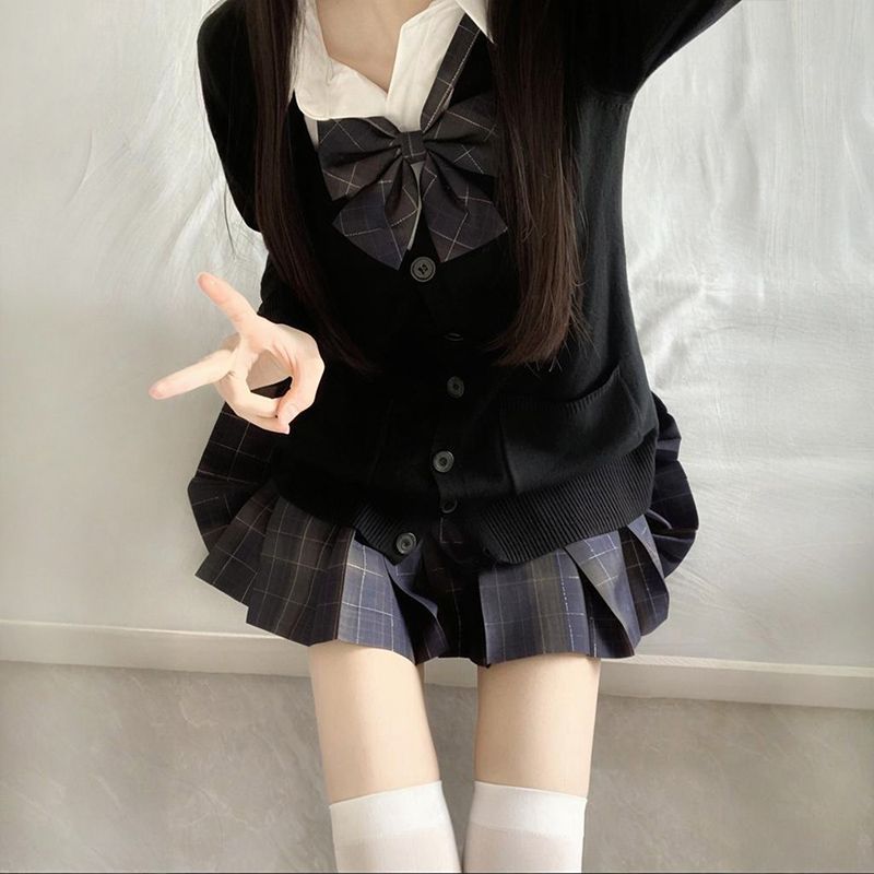 JK原创长袖毛衣开衫格裙正版制服学院jk秋冬套装