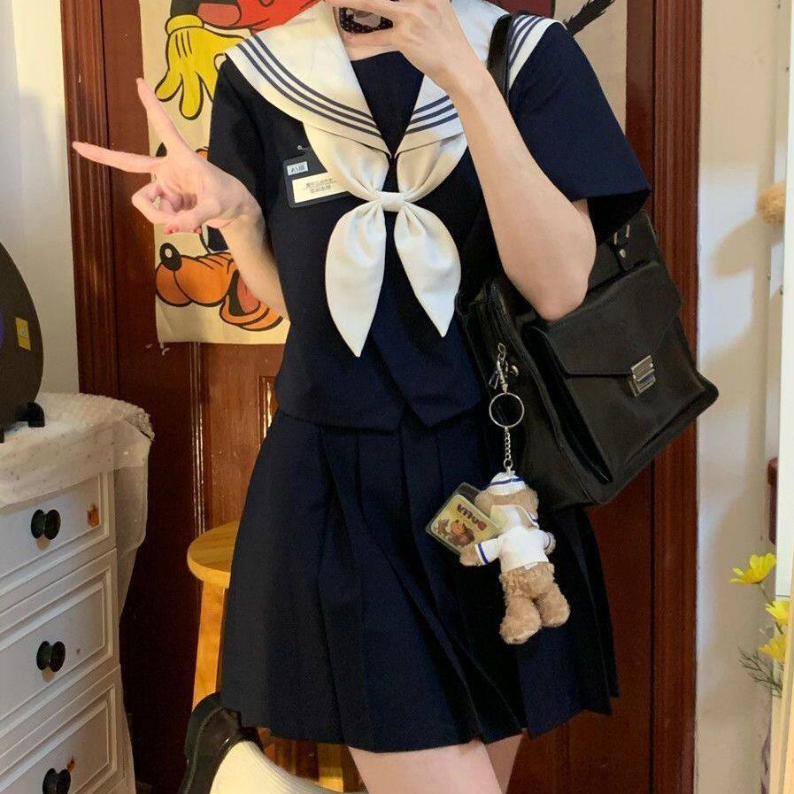 日系大码制服甜美正版原创jk制服蓝三本海军长袖短袖夏季水手服