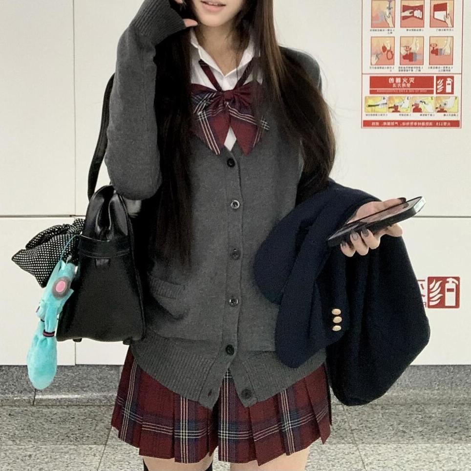原创jk制服秋冬套装格裙矮个子长袖开衫纯色毛衣学院风校供感叠穿