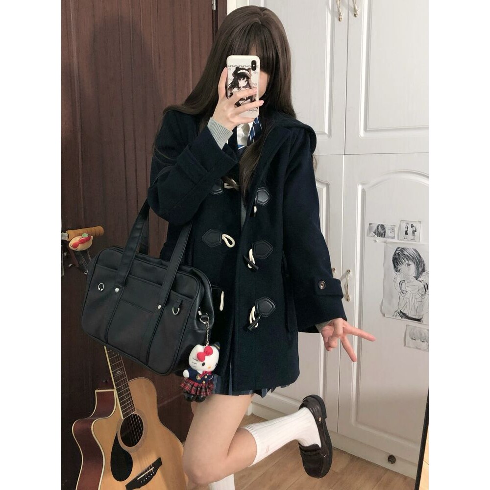 空栗鼠丸【凛冬】毛呢大衣学院风jk制服短款牛角扣绀色大衣jk外套