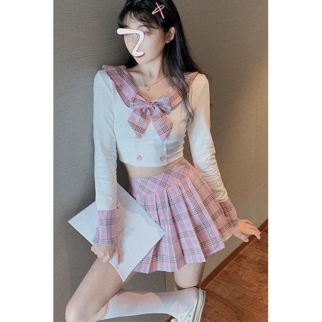 2020新款学院风jk制服套装女减龄衬衫海军领上衣百褶半身裙两件套