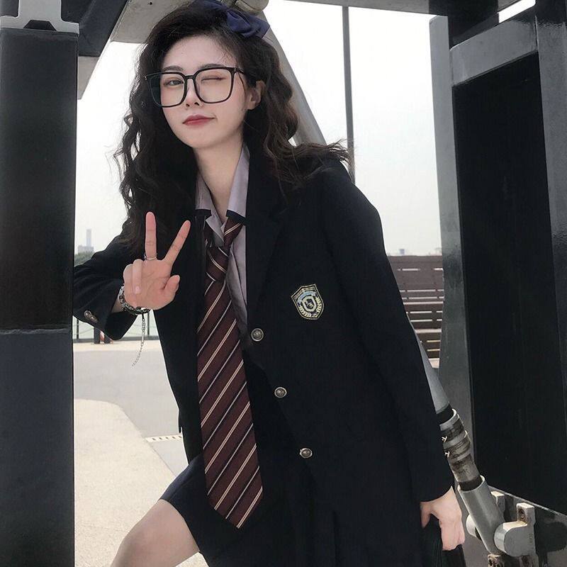 原创jk制服裙正版西装外套秋冬季新款学院风绀色西服套装三件套女