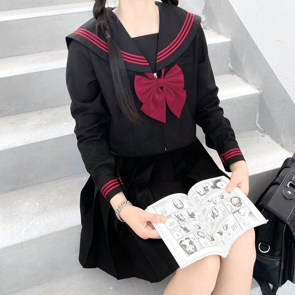 原创正统jk制服赤红三本长袖水手服基础款日系中间服学院风班校服