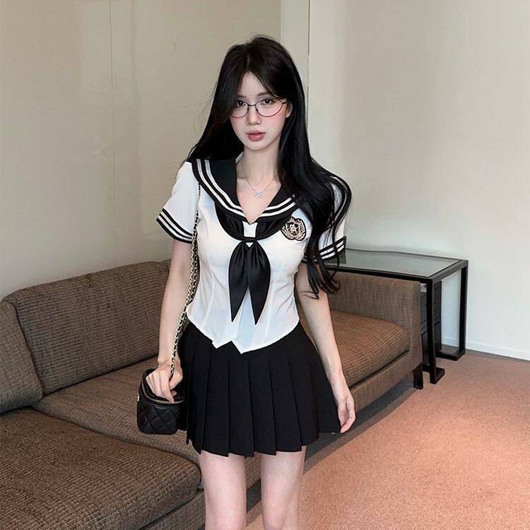 学院风jk制服套装女夏季减龄海军领短袖衬衫百褶短裙水手服两件套