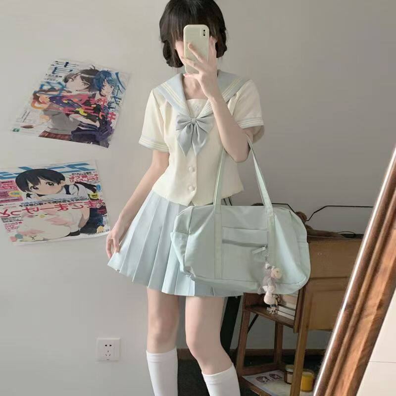 秋野眠【蓝风铃】日系学院风夏季校供水手服百褶裙jk格裙制服套装