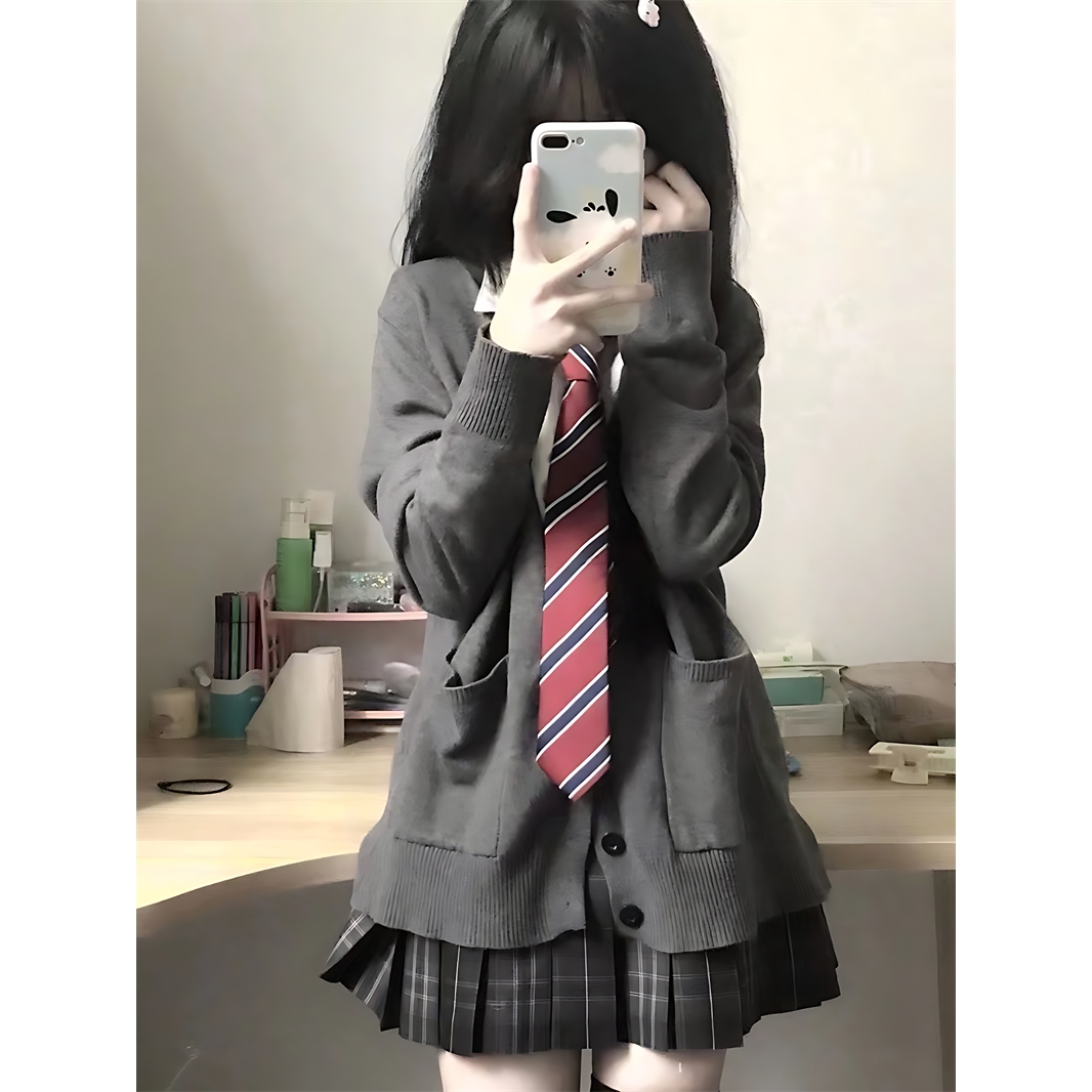 甜美学院风纯色毛衣女宽松百搭纯色长袖v领针织开衫jk制服套装